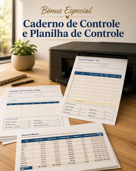 Bônus especial: caderno de vendas impresso e planilha de controle financeiro mensal sobre mesa de madeira