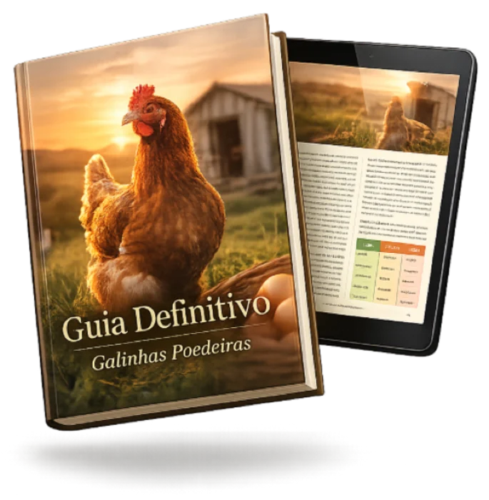 Mockup 3D do ebook digital Guia Definitivo de Galinhas Poedeiras em PDF, exibido em tablet com páginas internas