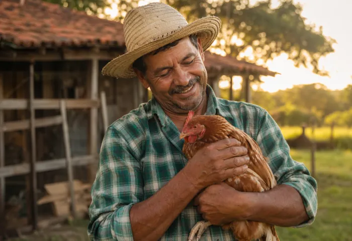 Pequeno produtor sorrindo segurando uma galinha caipira em frente ao galinheiro ao entardecer